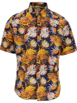 Chemise marine en coton imprimée de palmes coupe ajustée et à manches courtes