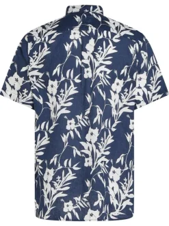 Chemise marine en lin imprimée avec une coupe droite à col français