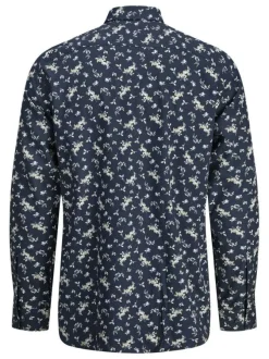 Chemise marine fleurie à coupe droite avec col français et manches longues