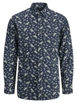 Chemise marine fleurie à coupe droite avec col français et manches longues