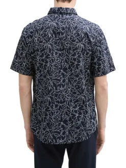 Chemise marine à motif floral blanc avec coupe regular et à manches courtes