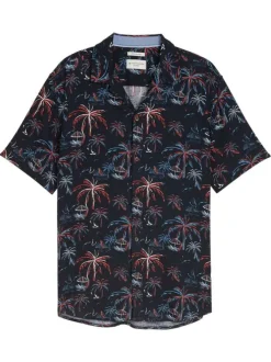 Chemise marine à motifs pourvue d'un col cubain et de manches courtes