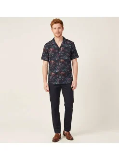 Chemise marine à motifs pourvue d'un col cubain et de manches courtes