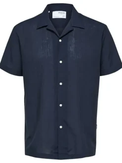 Chemise marine uni avec coupe droite col français et à manches courtes