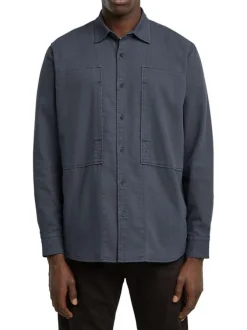 Chemise marine unie avec une col français et une coupe droite