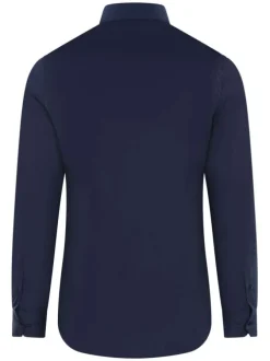 Chemise marine unie à coupe ajustée col italien et à manches longues