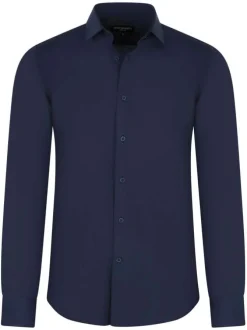 Chemise marine unie à coupe ajustée col italien et à manches longues