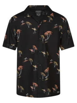 Chemise noire avec des imprimés une coupe droite et un col cubain