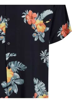 Chemise noire fleuri coupe ajustée col à cran et à manches courtes