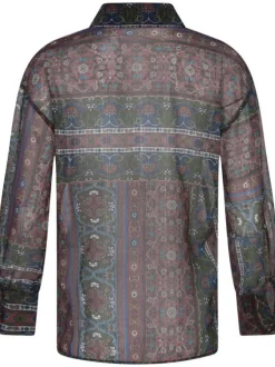 Chemise noire fleurie avec une coupe ample col italien et à manches longues