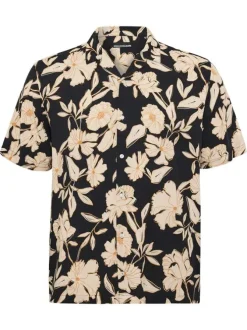 Chemise noire fleurie à coupe regular fit avec des manches courtes