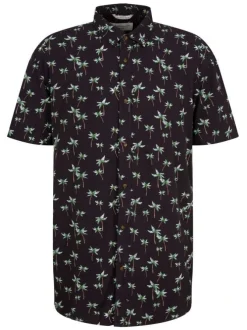 Chemise noire imprimé palmier all-over coupe droite à col italien