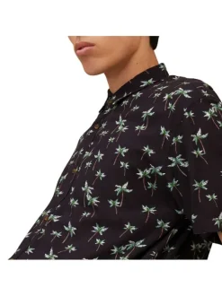 Chemise noire imprimé palmier all-over coupe droite à col italien