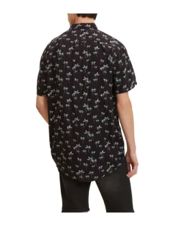 Chemise noire imprimé palmier all-over coupe droite à col italien
