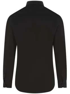 Chemise noire unie à coupe ajustée col italien et à manches longues