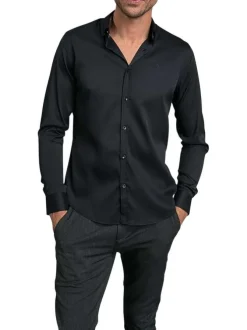Chemise noire unie coupe slim fit col américain et à manches longues