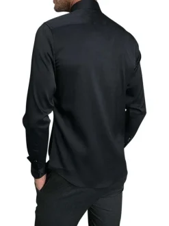 Chemise noire unie coupe slim fit col américain et à manches longues