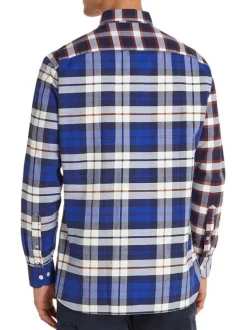 Chemise Regular Fit en coton bleu à double motifs Tartan et col américain