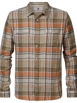 Chemise Regular Fit légère, coton motif Tartan orange et beige, à col français