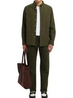 Chemise Rick en coton kaki unie à coupe droite avec un col américain