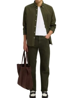 Chemise Rick en coton kaki unie à coupe droite avec un col américain