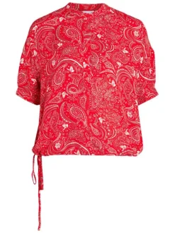 Chemise rouge cachemire coupe droite col tunisien et à manches courtes