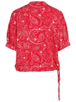 Chemise rouge cachemire coupe droite col tunisien et à manches courtes