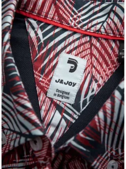 Chemise rouge en coton imprimée de palme, coupe ajustée col américain et à manches courtes