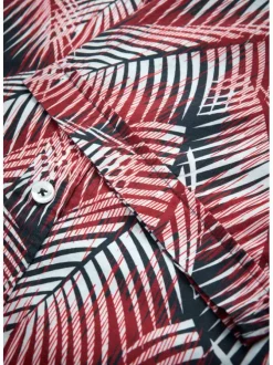 Chemise rouge en coton imprimée de palme, coupe ajustée col américain et à manches courtes