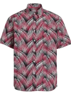 Chemise rouge en coton imprimée de palme, coupe ajustée col américain et à manches courtes