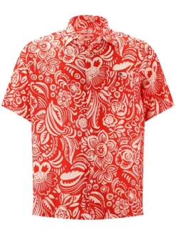 Chemise rouge fleurie à coupe droite col cubain et à manches courtes