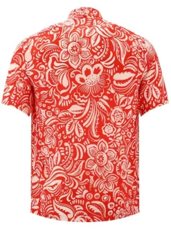 Chemise rouge fleurie à coupe droite col cubain et à manches courtes
