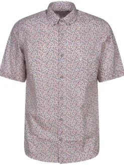 Chemise rouge tachetée en cuir à coupe droite un col français et des manches courtes