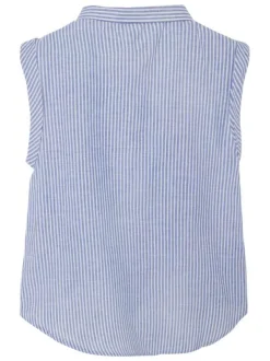 Chemisier en coton bleu rayé avec une coupe droite et un col italien
