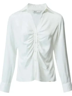 Chemisier blanc uni satin froncé au niveau de la patte de boutonnage