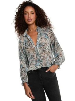 Chemisier bleu animalier avec une coupe droite et des manches longues