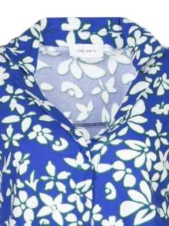 Chemisier bleu électrique fleuri avec une coupe droite et un col cranté