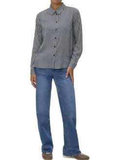 Chemisier bleu rayé avec un col chemise et à manches longues