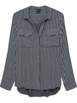 Chemisier bleu rayé avec un col chemise et à manches longues