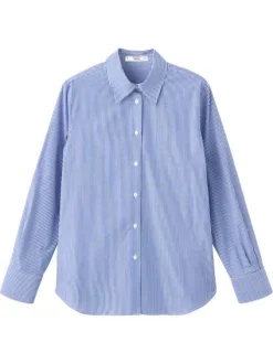 Chemisier bleu à rayures blanches avec une coupe droite et un col à revers