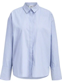 Chemisier bleu à rayures coupe droite pourvu d'un col chemise