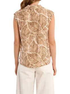 Chemisier camel à motifs floraux avec une coupe droite et un col chemise