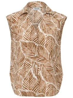 Chemisier camel à motifs floraux avec une coupe droite et un col chemise