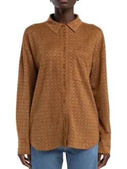 Chemisier camel uni aspect daim perforé à coupe droite avec une poche