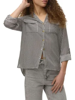 Chemisier chocolat rayé avec un col chemise et à manches longues