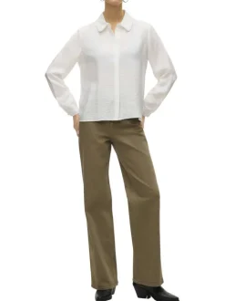 Chemisier écru uni avec un col chemise perlé et des manches longues