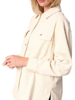 Chemisier côtelé en coton ecru uni avec un col chemise et des manches longues