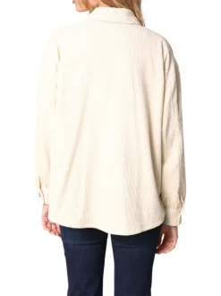 Chemisier côtelé en coton ecru uni avec un col chemise et des manches longues
