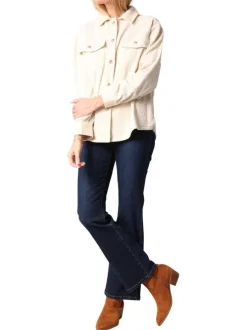 Chemisier côtelé en coton ecru uni avec un col chemise et des manches longues