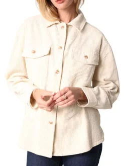 Chemisier côtelé en coton ecru uni avec un col chemise et des manches longues